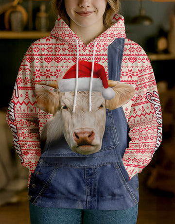 Joycorners Charolais Farm Life Merry Christmas Cow Personalized Name, Farm Name Unisex 3D Hoodie