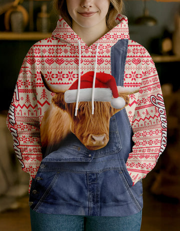 Joycorners Highland Farm Life Merry Christmas Cow Personalized Name, Farm Name Unisex 3D Hoodie