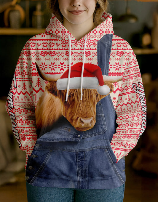 Joycorners Highland Farm Life Merry Christmas Cow Personalized Name, Farm Name Unisex 3D Hoodie