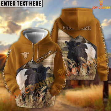 Joycorners Belted Gallowayl Yellow Leather Pattern Customized Name and Farm Name 3D Hoodie