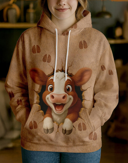 Joycorners Hereford Cute Breakthrough Cow Personalized Name, Farm Name Unisex 3D Hoodie