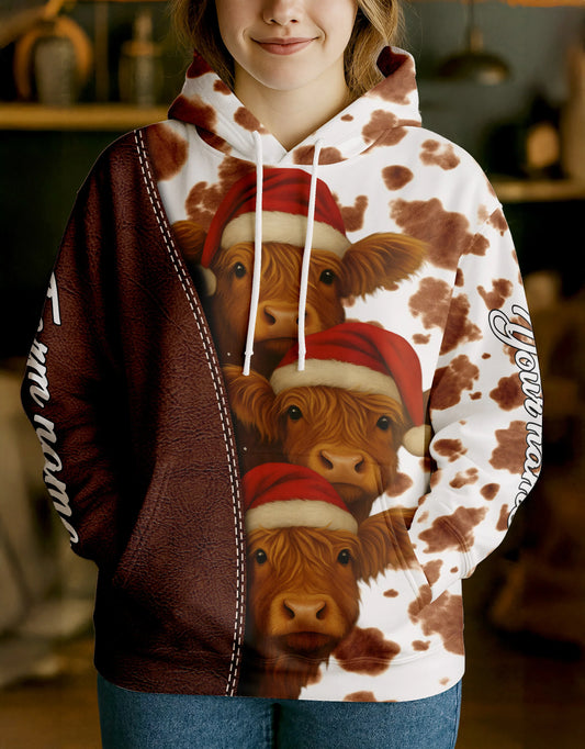 Joycorners Highland Leather Christmas Cow Personalized Name, Farm Name Unisex 3D Hoodie
