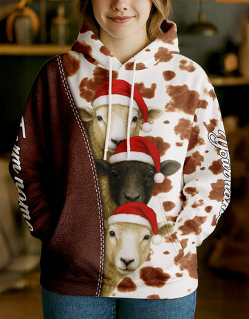 Joycorners Sheep Leather Christmas Cow Personalized Name, Farm Name Unisex 3D Hoodie
