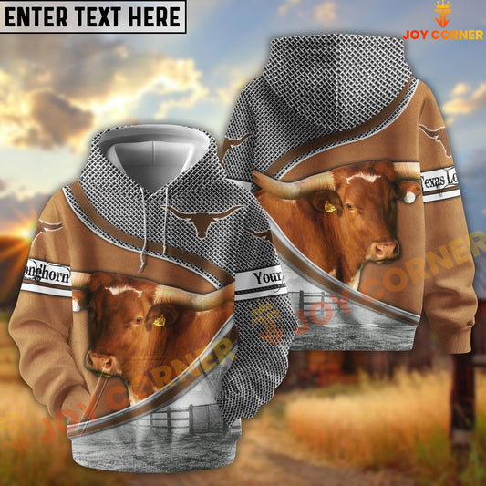 Joycorners Texas Longhorn Metal Pattern Personalized Name 3D Hoodie