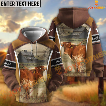 Joycorners Texas Longhorn Personalized Name and Farm Name Color Mixed 3D Hoodie