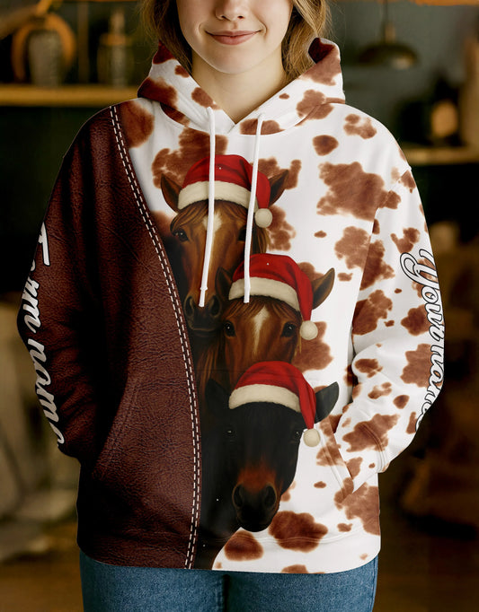 Joycorners Horse Leather Christmas Cow Personalized Name, Farm Name Unisex 3D Hoodie
