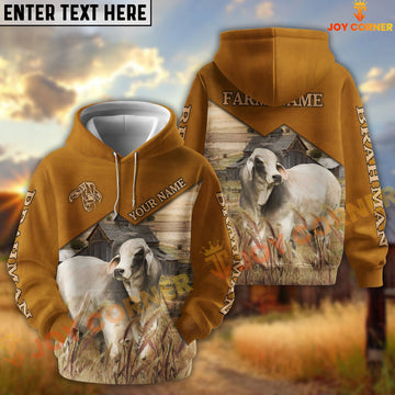 Joycorners Brahman Yellow Leather Pattern Customized Name and Farm Name 3D Hoodie