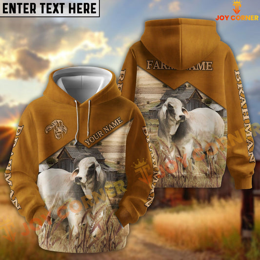 Joycorners Brahman Yellow Leather Pattern Customized Name and Farm Name 3D Hoodie