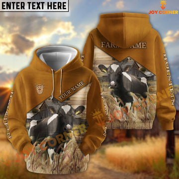 Joycorners Holstein Yellow Leather Pattern Customized Name and Farm Name 3D Hoodie