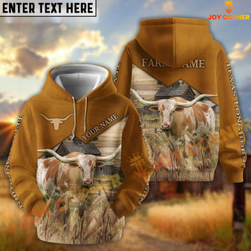Joycorners Texas Longhorn Yellow Leather Pattern Customized Name and Farm Name 3D Hoodie