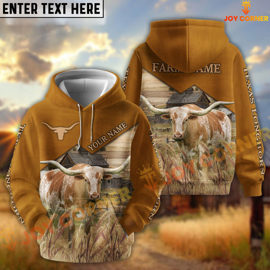 Joycorners Texas Longhorn Yellow Leather Pattern Customized Name and Farm Name 3D Hoodie