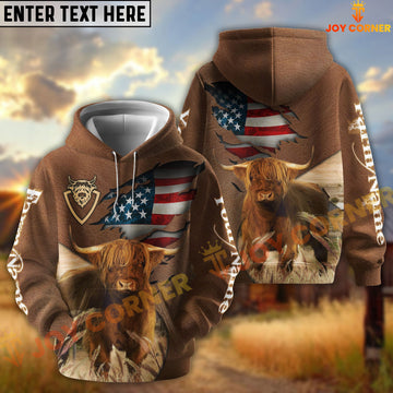 Joycorners American Flag Leather Pattern Highland Cattle Personalized Name And Farm Name 3D Hoodie