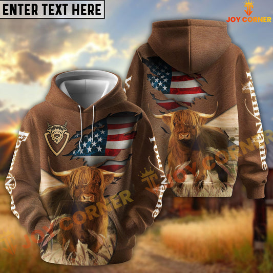 Joycorners American Flag Leather Pattern Highland Cattle Personalized Name And Farm Name 3D Hoodie