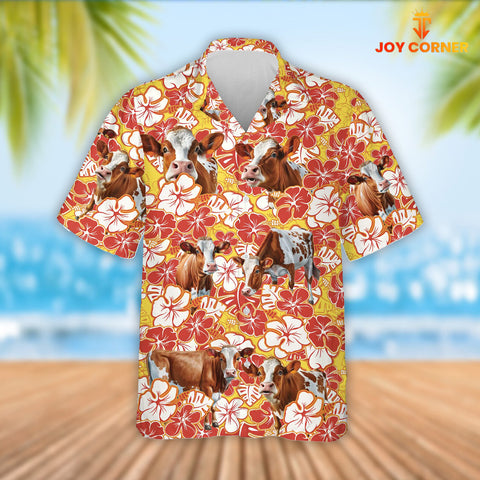 Joy Corners Ayrshire Cattle Orange Flower Pattern 3D Hawaiian Shirt