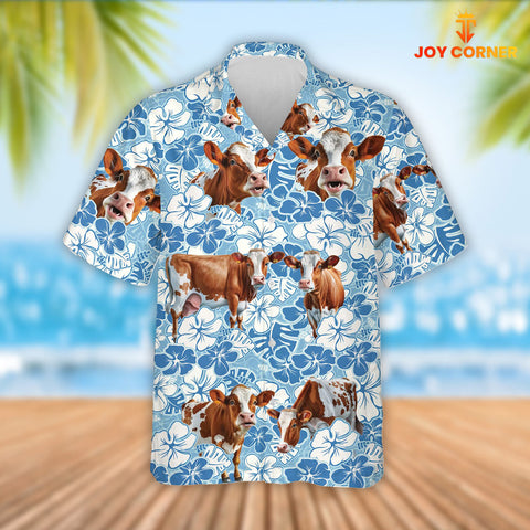 Joy Corners Ayrshire Cattle Blue Flower Pattern 3D Hawaiian Shirt