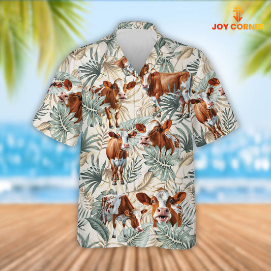 Joy Corners Ayrshire Cattle Tropical Leaf Pattern Hawaiian Shirt