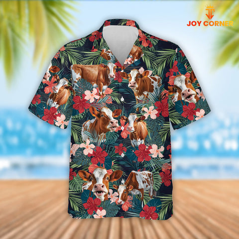 Joy Corners Ayrshire Cattle Red Tropical Flowers Hawaiian Shirt