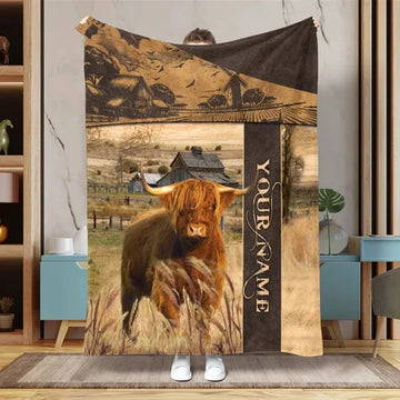 Joycorners Custom Name Highland Cattle Leather Pattern Blanket