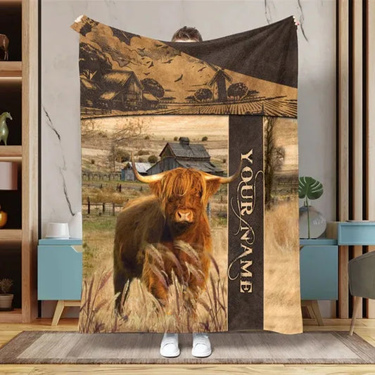 Joycorners Custom Name Highland Cattle Leather Pattern Blanket