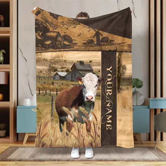 Joycorners Custom Name Hereford Cattle Leather Pattern Blanket