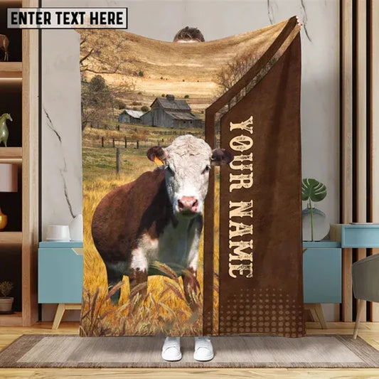 Joycorners Custom Name Hereford Cattle Farming Life Pattern Blanket