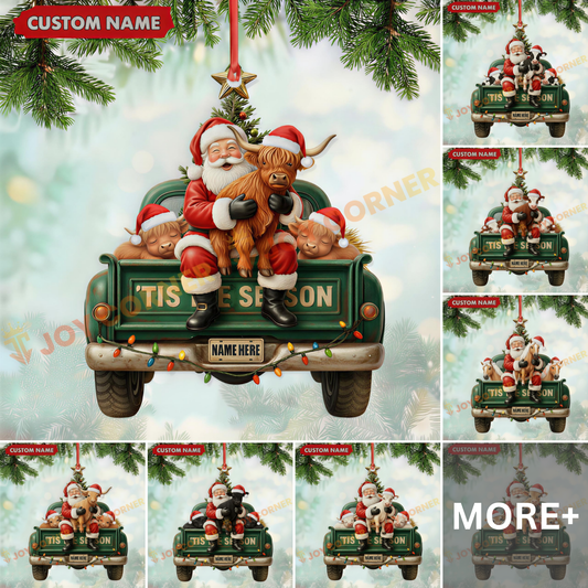 Joycorners Christmas Farm Truck Santa & Cows Ornament, Custom Name Acrylic Ornament (9 Breed Options)