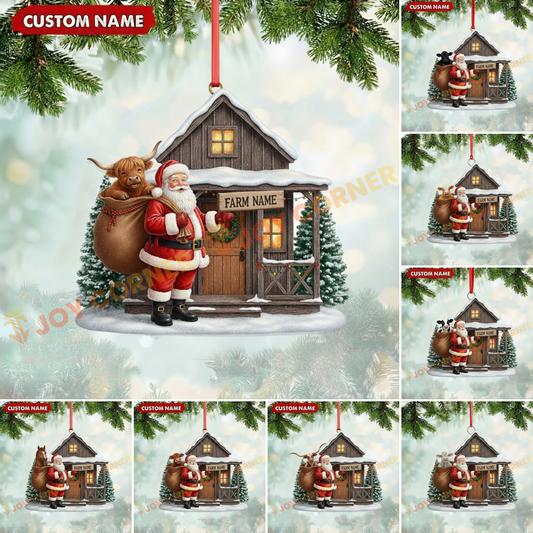 Joycorners Christmas On Farm Santa & Cows Ornament, Custom Name Acrylic Ornament (8 Breed Options)