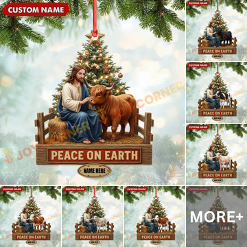 Joycorners Christmas Gifts Jesus & Cow Ornament, Custom Name Acrylic Ornament (10 Breed Options)