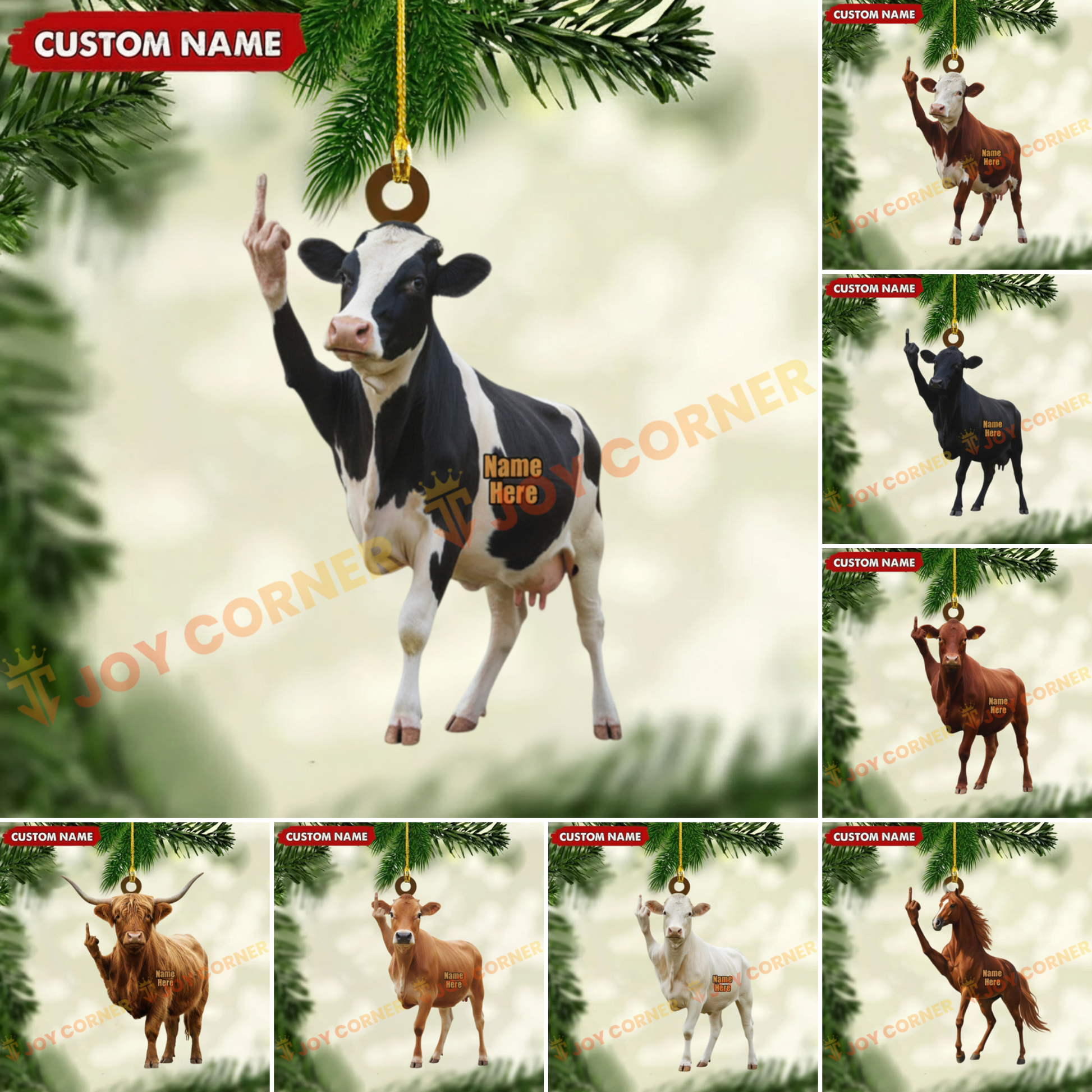 Collage of animal ornaments with customizable name tags, including a cow, horse, and other animals, against a green leafy background.