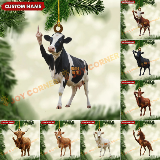 Collage of animal ornaments with customizable name tags, including a cow, horse, and other animals, against a green leafy background.