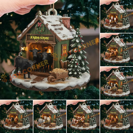 Decorative Christmas ornament with a farm scene, including a house, trees, and animals, held against a tree.