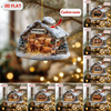 Decorative Christmas ornament with a farm scene and customizable text, displayed against a blurred festive background.