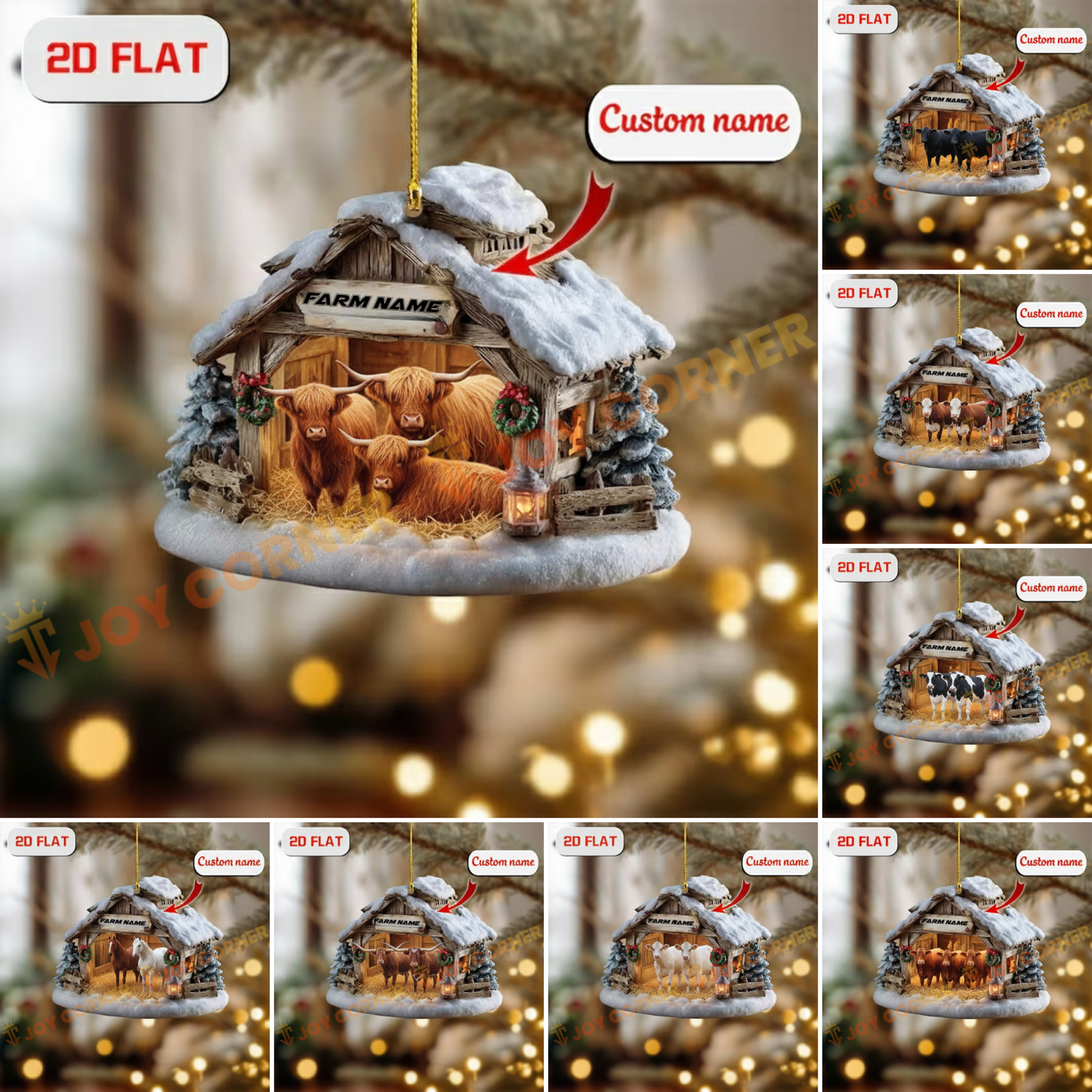 Decorative Christmas ornament with a farm scene and customizable text, displayed against a blurred festive background.