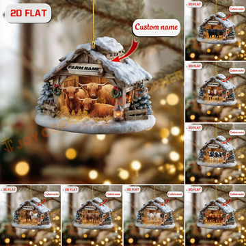 Decorative Christmas ornament with a farm scene and customizable text, displayed against a blurred festive background.