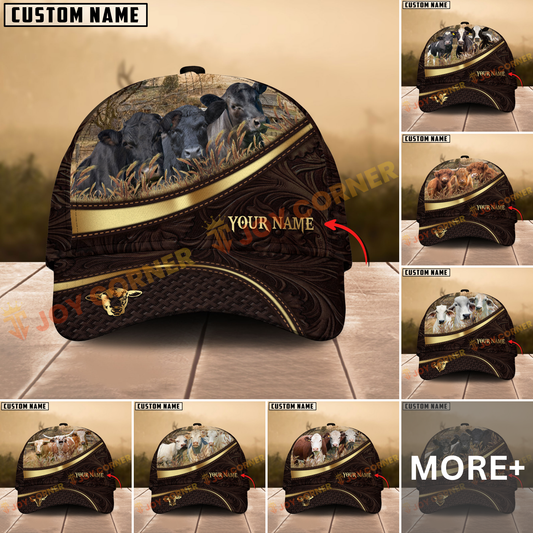 Customizable cap with cow design and 'Your Name' text on a wooden surface.