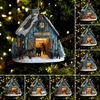 Decorative Christmas ornament of a farm house with animals, featuring a 'Farm Name' sign, on a green tree background.