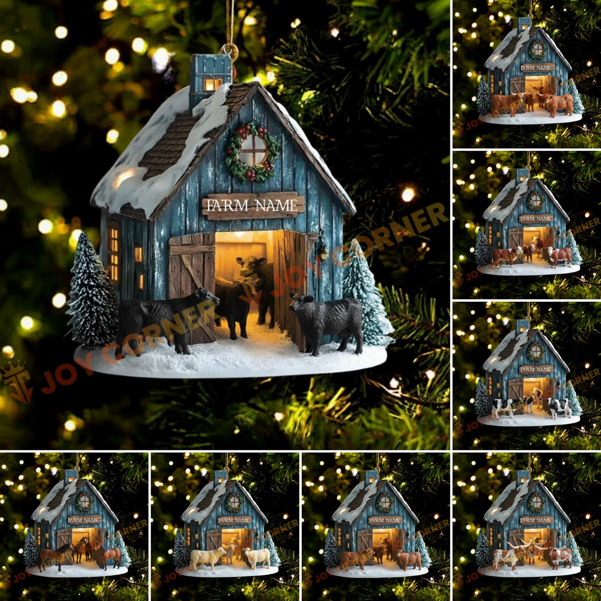Decorative Christmas ornament of a farm house with animals, featuring a 'Farm Name' sign, on a green tree background.