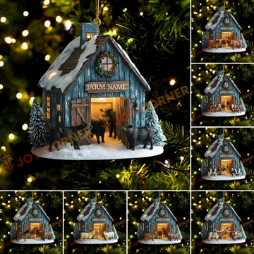 Decorative Christmas ornament of a farm house with animals, featuring a 'Farm Name' sign, on a green tree background.