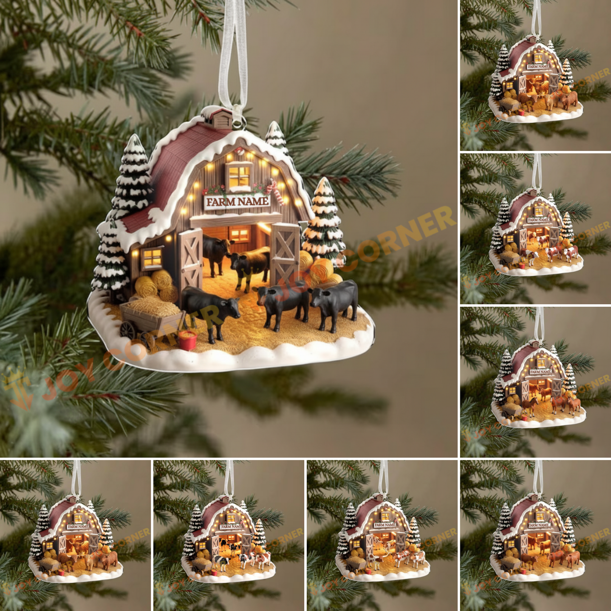 Decorative Christmas ornament of a barn with animals on a tree branch.
