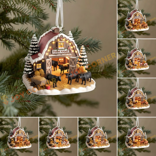 Decorative Christmas ornament of a barn with animals on a tree branch.