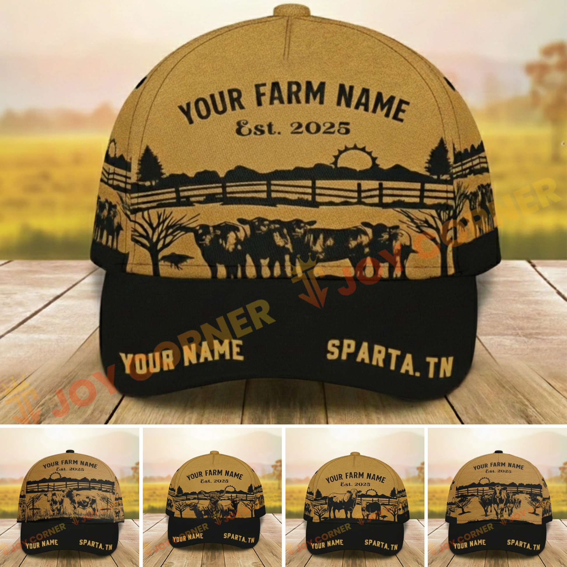 Personalized farm-themed cap with customizable text on a wooden surface with a blurred farm background.