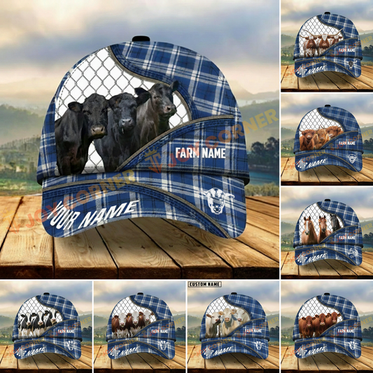 Joycorners Blue Plaid Pattern Cows, Custom Name Cattle Cap (8 Cattle Breeds)