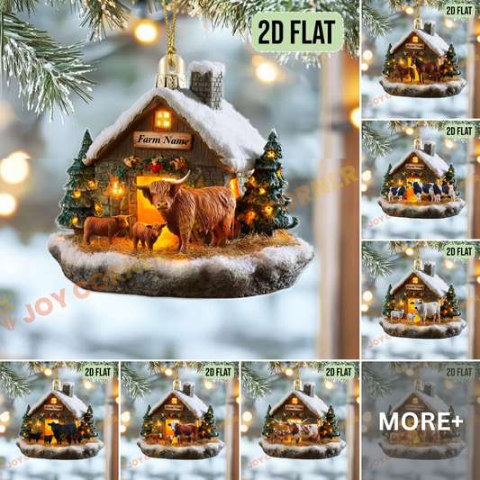 Joycorners Christmas Snow Farm Cow Family Ornament, Acrylic Ornament (9 Breed Options)