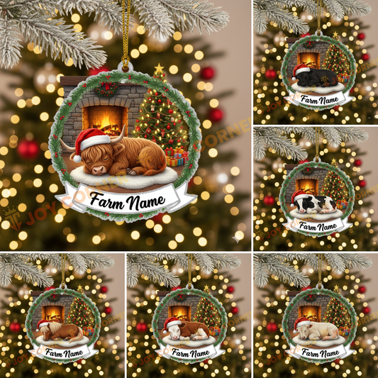 Joycorners Merry Christmas Sleeping Cow Family Ornament, Acrylic Ornament (6 Breed Options)