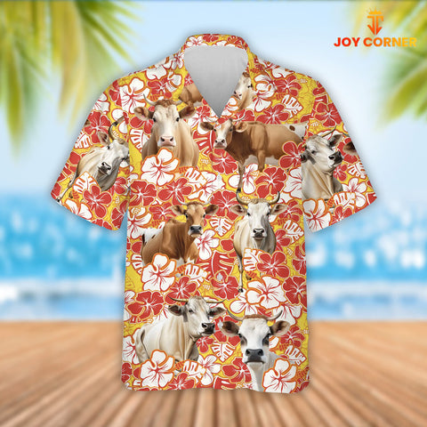Joy Corners Brahman Cattle Orange Flower Pattern 3D Hawaiian Shirt