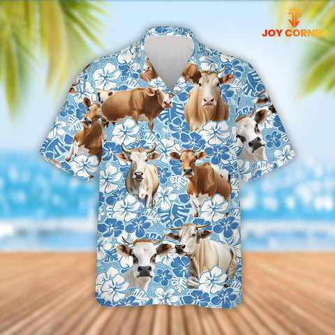 Joy Corners Brahman Cattle Blue Flower Pattern 3D Hawaiian Shirt