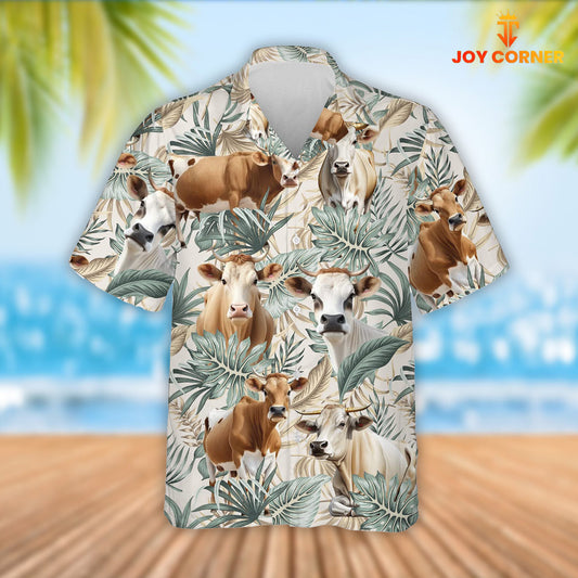 Joy Corners Brahman Cattle Tropical Leaf Pattern Hawaiian Shirt