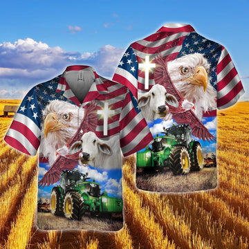 Joy Corners Brahman Cattle With Eagles And Tractor 3D Hawaiian Shirt