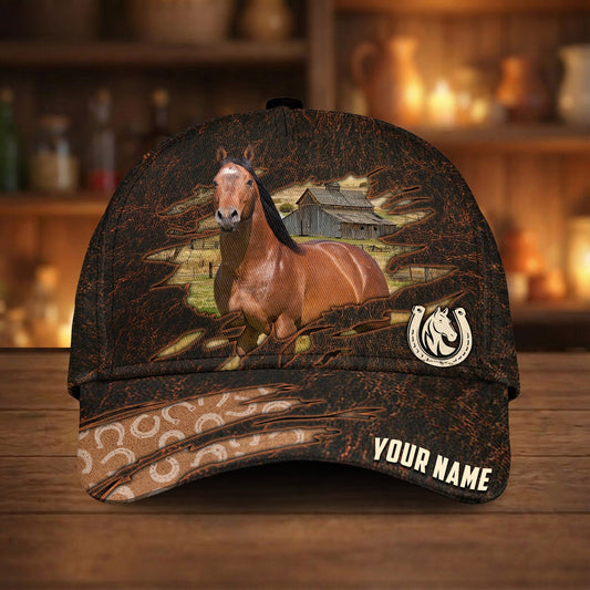 Joycorners Personalized Horse Horseshoe Pattern Dark Brown Leather Style Cap (9 Breeds)