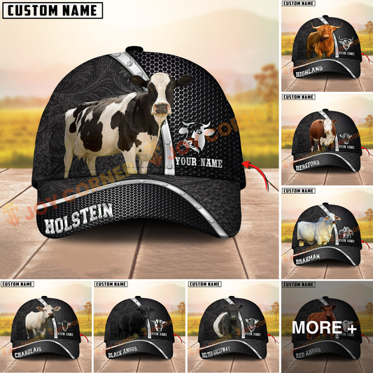 Joycorners Black & White Cow Honeycomb Texture Personalized Name 3D Cap (10 Breeds)
